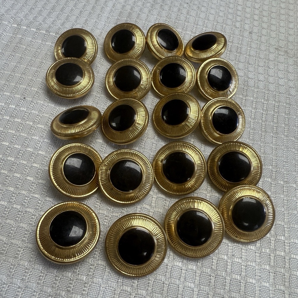 20 Vintage Gold Tone Metal Shank Buttons Black Halo Sunburst Dome Center 80s/90s